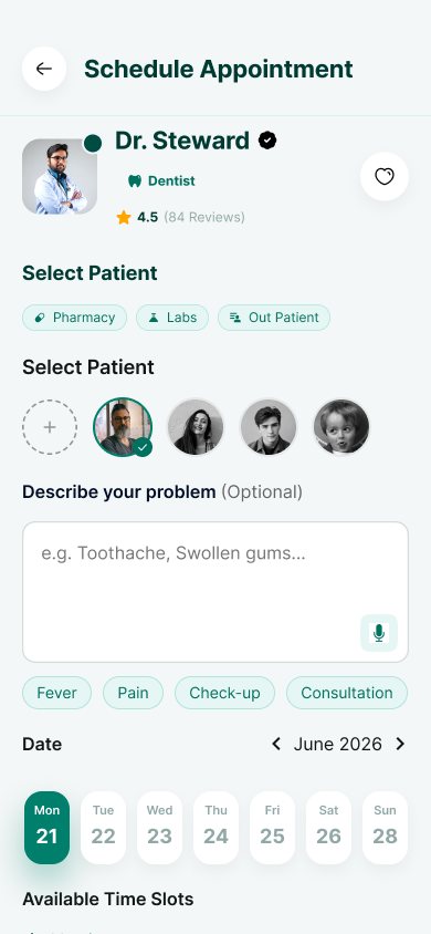 Book a visit screen from the Vimshatika patient app